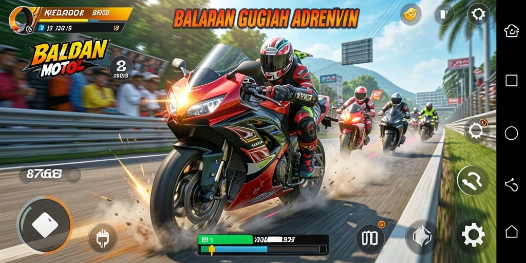 Tampilan gameplay balapan motor yang menegangkan dan mendebarkan.