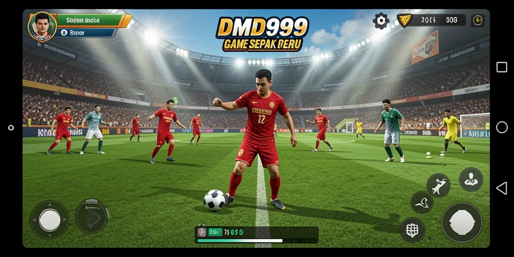 Tangkapan layar dari gameplay <strong>DMD999</strong> yang menunjukkan aksi pertandingan sepak bola.