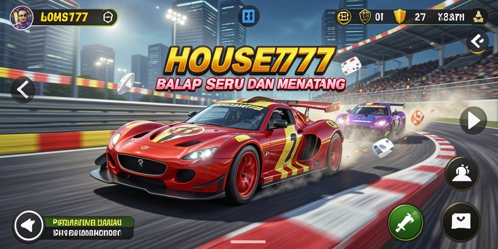 Tampilan gameplay yang mendebarkan dalam <strong>HOUSE777</strong> saat balapan di trek yang menantang.