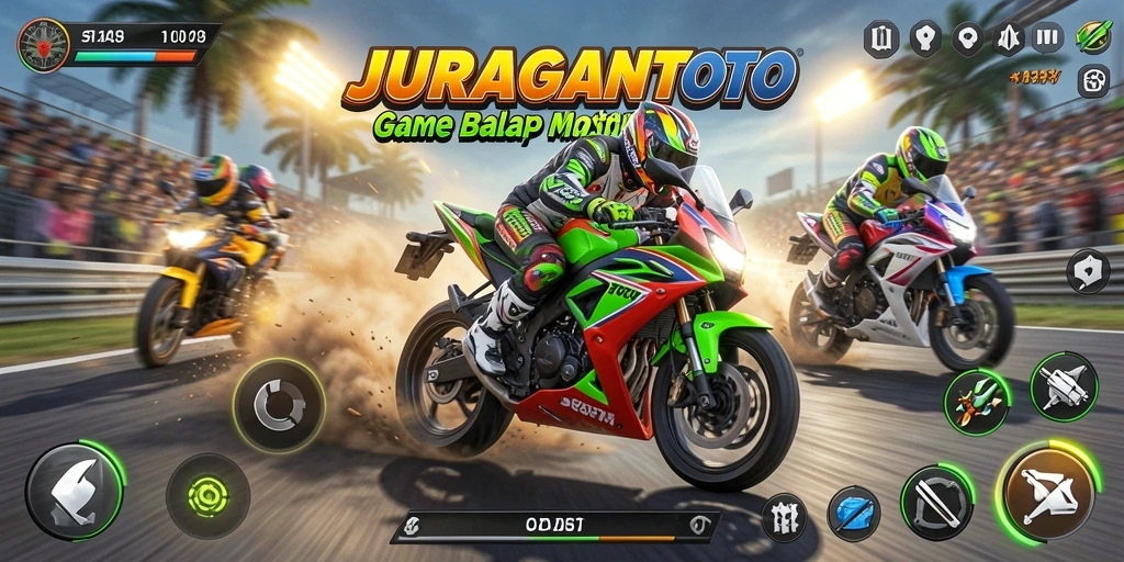 Tangkapan layar utama dari gameplay JURAGANTOTO yang menunjukkan aksi balapan motor.