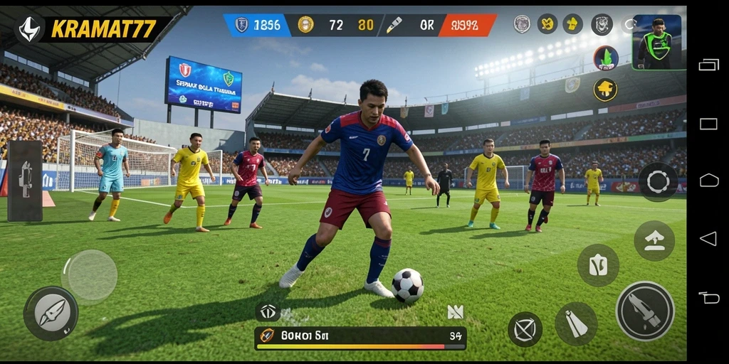 Screenshot KRAMAT77 menampilkan aksi seru permainan sepak bola.