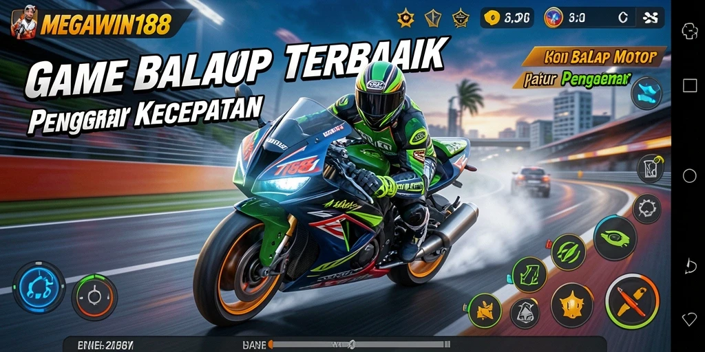 Screenshot gameplay MEGAWIN188 menampilkan aksi balap motor seru.
