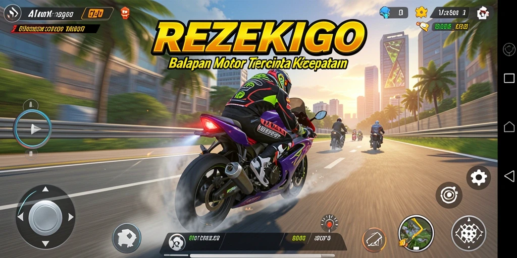 Screenshot gameplay REZEKIGO yang menunjukkan balapan motor mendebarkan.