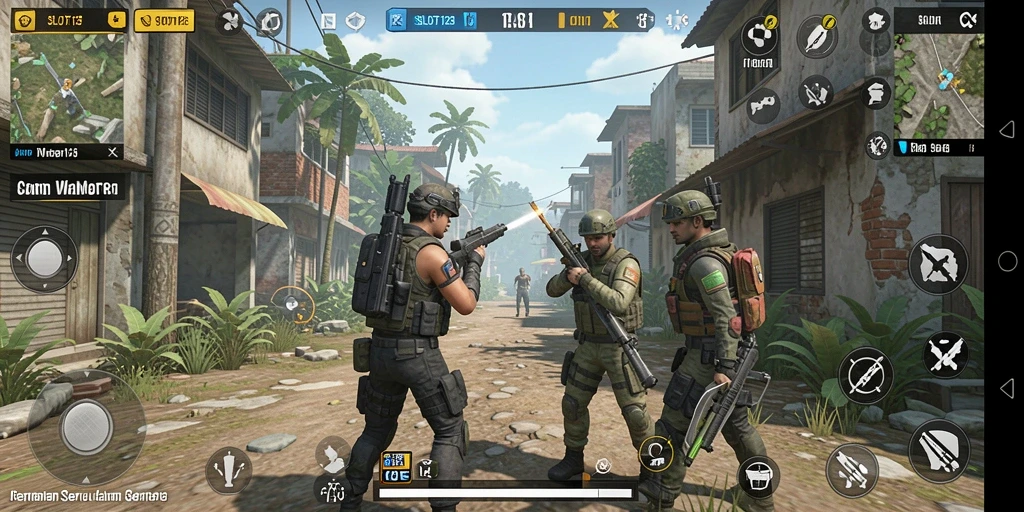 Tampilan seru dari gameplay SLOT123 yang menampilkan pertempuran TPS.