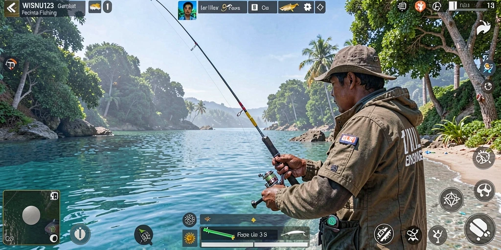 Tampilan gameplay WISNU123 yang mengasyikkan saat memancing.